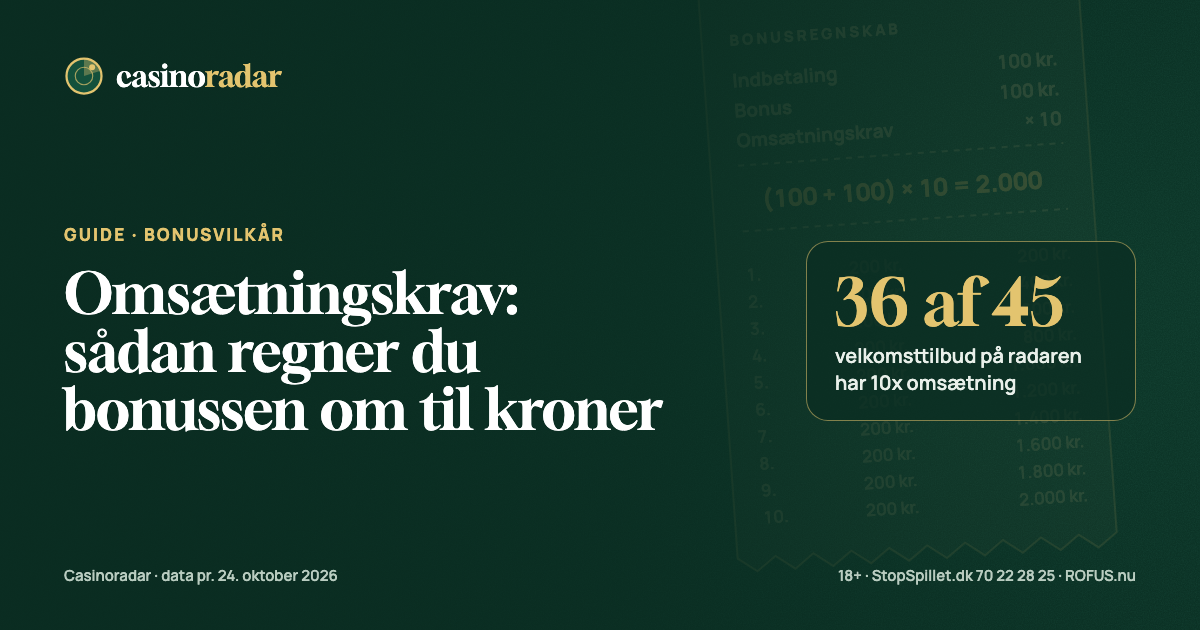 Guiden om omsætningskrav på grøn filt med nøgletallet: 36 af 45 velkomsttilbud på radaren har 10x omsætning.